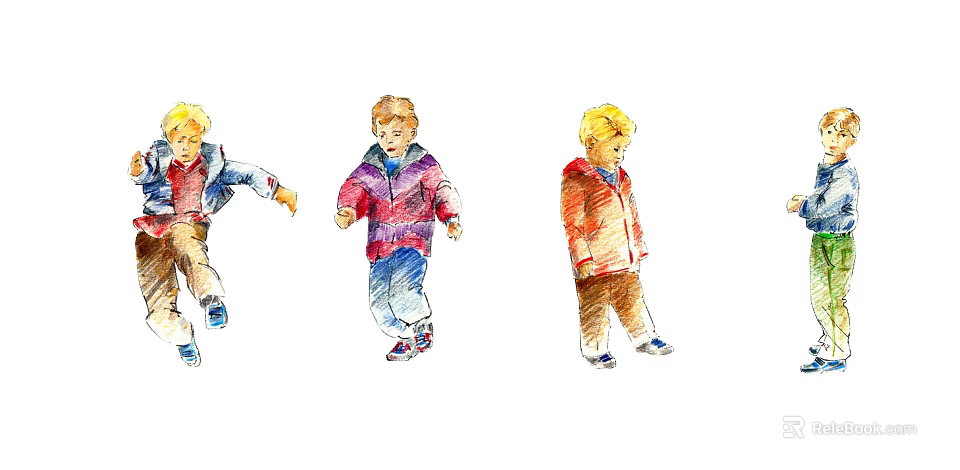 Men in Colorful Jackets Walking in Different Poses on White Background 3d model 