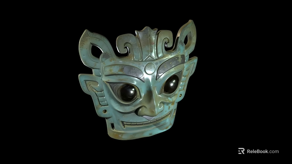 Ancient Bronze Mask With Large Eyes And Intricate Mythical Carvings 3d model 