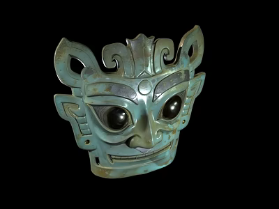 Ancient Bronze Mask With Large Eyes And Intricate Mythical Carvings 3d model