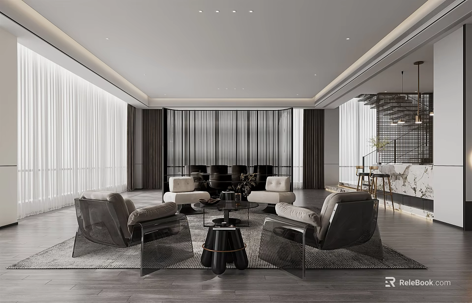 Modern Office Interior With Comfortable Sofas Coffee Table And Floor To Ceiling Windows 3d model 
