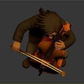 3D Character Model Playing Cello Sitting On Wooden Chair