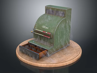 Vintage Green Cash Register With Wooden Base Open Drawer And Buttons 3d model