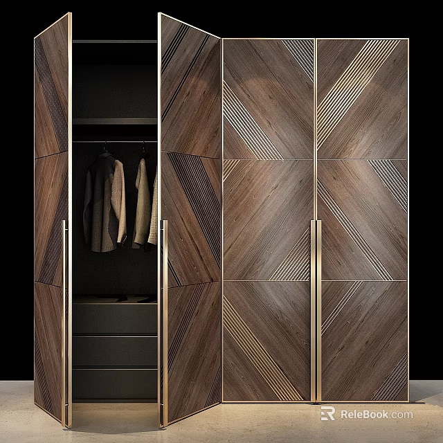 Modern Wooden Storage Cabinet With Geometric Pattern Doors Metal Handles And Interior Hanging Area 3d model 