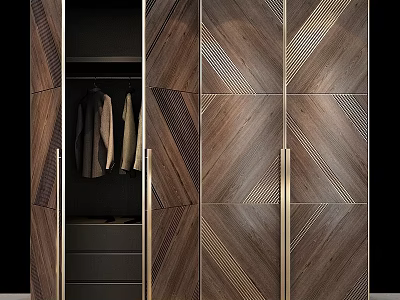 Modern Wooden Storage Cabinet With Geometric Pattern Doors Metal Handles And Interior Hanging Area 3d model