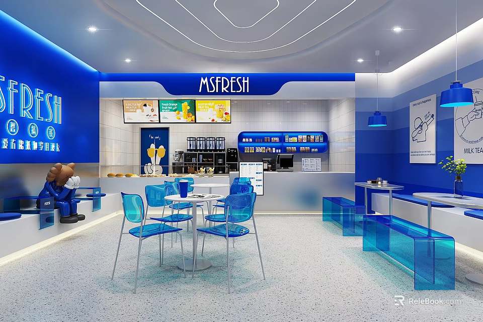 Modern Blue Café Interior With Glass Tables Chairs Counter And Signage 3d model 