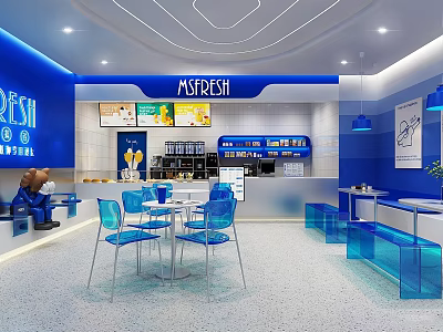 Modern Blue Café Interior With Glass Tables Chairs Counter And Signage 3d model