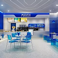 Modern Blue Café Interior With Glass Tables Chairs Counter And Signage