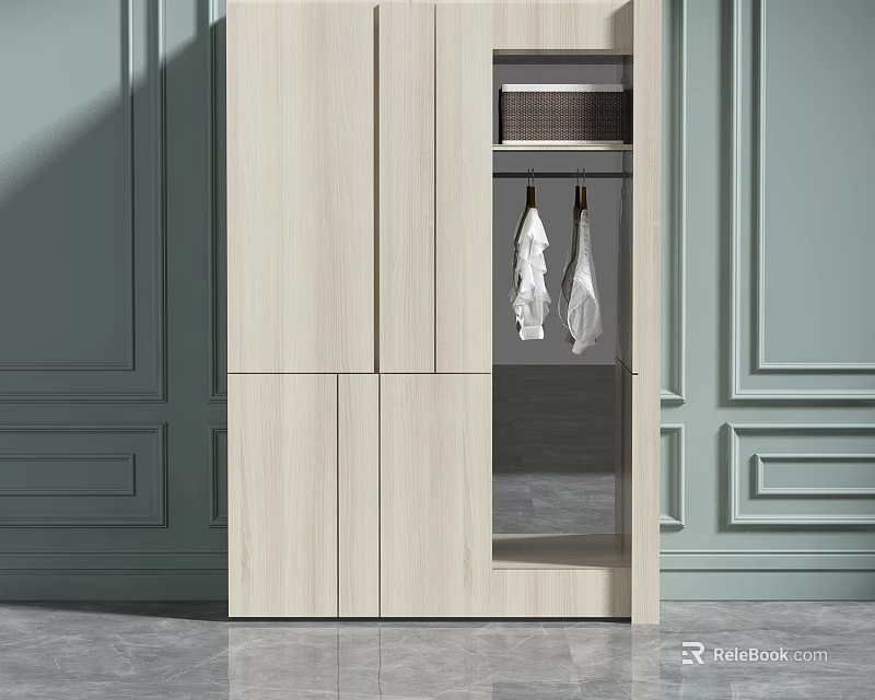 Modern Light Wood Wardrobe With Double Doors Open Compartment Hanging Clothes And Green Wall 3d model 
