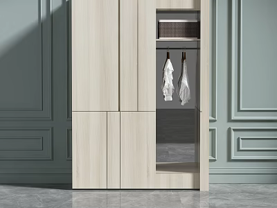 Modern Light Wood Wardrobe With Double Doors Open Compartment Hanging Clothes And Green Wall 3d model