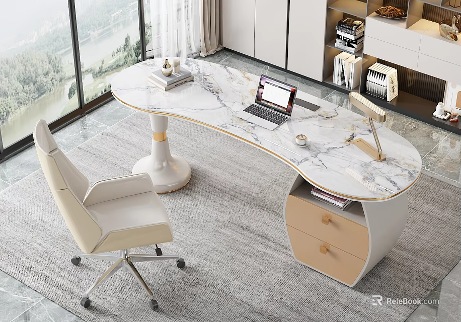 Modern Curved Marble Top Desk with Laptop Lamp Beige Office Chair by Large Window View 3d model 