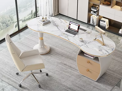 Modern Curved Marble Top Desk with Laptop Lamp Beige Office Chair by Large Window View 3d model