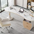 Modern Curved Marble Top Desk with Laptop Lamp Beige Office Chair by Large Window View