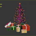 Festive Christmas Tree With Star Top Red Ribbons And Colorful Gift Boxes