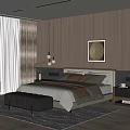 Modern Double Bed Interior with Wooden Wall Paneling Decorative Painting and Grey Ottoman