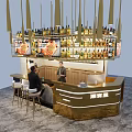 Modern Bar Interior With Golden Counter Wine Bottles Screens And High Stools