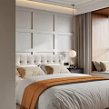 Modern Bedroom Interior With Bed Wall Paneling TV Stand Wooden Floor And Table Lamp