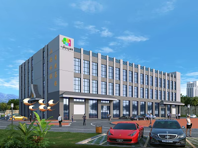 Industrial Factory Building Modern Exterior With Large Glass Windows Entrance And Parked Cars 3d model