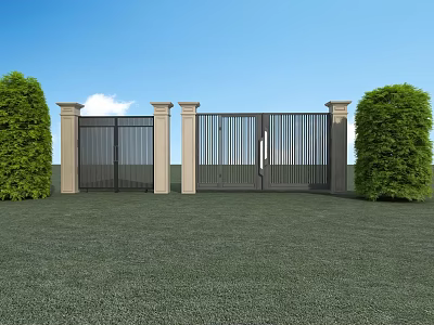 Modern Entrance Gate With Beige Pillars And Green Bushes On Lush Lawn Against Blue Sky 3d model