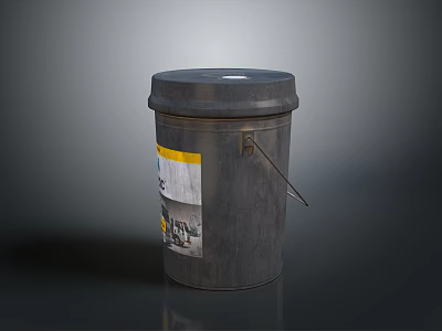 Gray Industrial Bucket With Secure Lid And Metal Handle Side Label 3d model