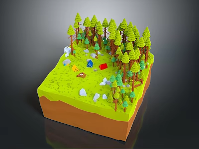 Cartoon Style Forest Camping Scene With Green Pine Trees Grass Rocks And Blue Tent 3d model