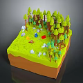 Cartoon Style Forest Camping Scene With Green Pine Trees Grass Rocks And Blue Tent