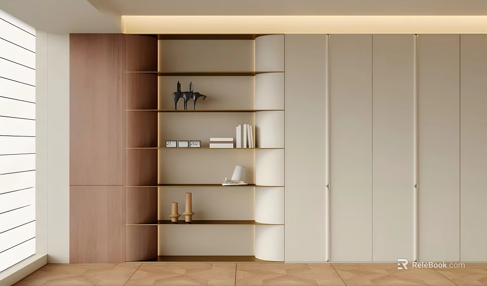 Modern Entryway Side Cabinet With Open Shelves Wooden Panels And Decor Items 3d model 