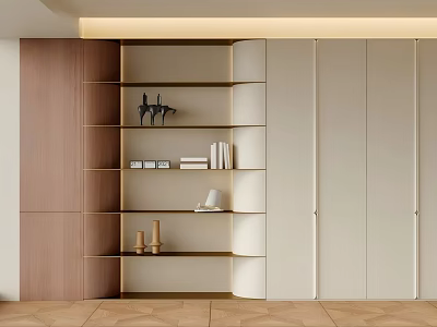 Modern Entryway Side Cabinet With Open Shelves Wooden Panels And Decor Items 3d model
