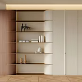 Modern Entryway Side Cabinet With Open Shelves Wooden Panels And Decor Items