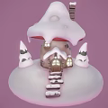 Snow Covered Mushroom Shaped Treehouse With Chimney Small Pine Trees And Wooden Steps