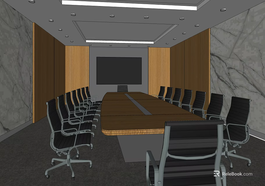 Modern Conference Room With Long Table Black Chairs Wooden And Marble Walls And Ceiling Lights 3d model 