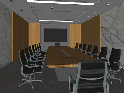 Modern Conference Room With Long Table Black Chairs Wooden And Marble Walls And Ceiling Lights 3d model
