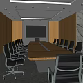 Modern Conference Room With Long Table Black Chairs Wooden And Marble Walls And Ceiling Lights