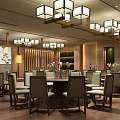 Elegant Restaurant Interior With Wooden Flooring Chandeliers Dining Tables And Windows