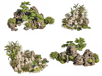 Decorative Rockery Stones with Pine Palm Trees Green Plants for Garden Landscape Design 3d model