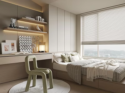 Modern Tatami Bedroom Interior With Desk Table Lamp Green Chair And Blinds 3d model