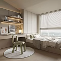 Modern Tatami Bedroom Interior With Desk Table Lamp Green Chair And Blinds