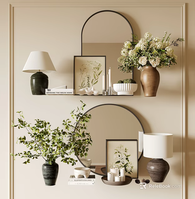 Elegant Decorative Ornament Set With Round Mirror Green Plants Vases And Table Lamp 3d model 