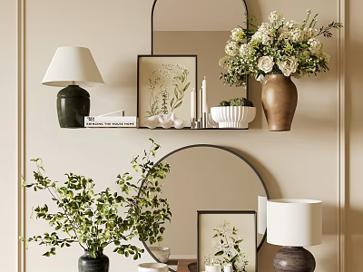 Elegant Decorative Ornament Set With Round Mirror Green Plants Vases And Table Lamp 3d model