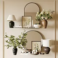 Elegant Decorative Ornament Set With Round Mirror Green Plants Vases And Table Lamp
