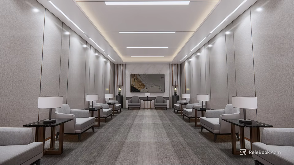 Modern Hotel Public Lounge Interior With Comfortable Sofas Chairs Elegant Lighting And Neutral Walls 3d model 