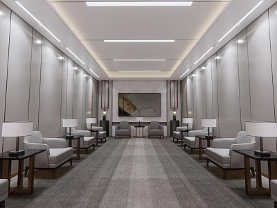Modern Hotel Public Lounge Interior With Comfortable Sofas Chairs Elegant Lighting And Neutral Walls 3d model