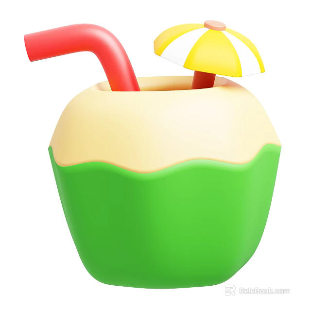 Fresh Green Coconut Drink With Red Straw And Yellow White Striped Umbrella 3d model 
