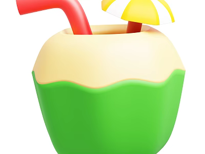 Fresh Green Coconut Drink With Red Straw And Yellow White Striped Umbrella 3d model