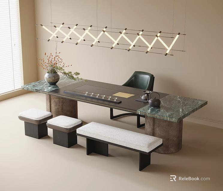 Elegant Modern Tea Table Set With Marble Top Bench And Pendant Light Fixture 3d model