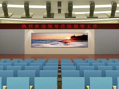 Conference Room With Red Leader Welcome Banner Large Screen Seascape View Neatly Arranged Blue Seats 3d model