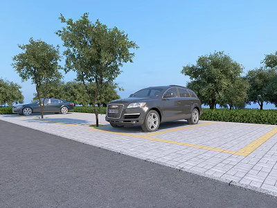 Parking Lot With Parked Cars Lush Trees Paved Ground And Yellow Lines 3d model