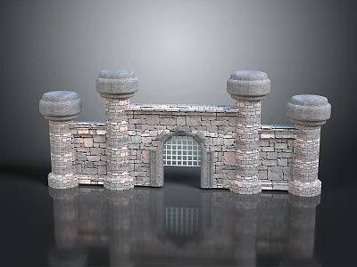 Stone Castle Gate With Four Towers And Arched Doorway Grille 3d model