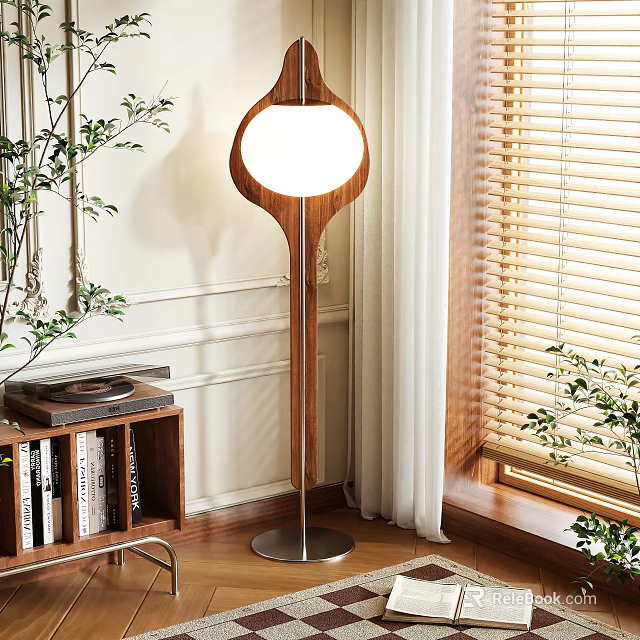 Modern Floor Lamp With Wooden Base Indoor Plants Bookcase And Window Blinds 3d model 
