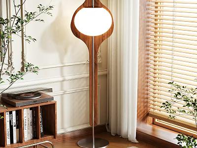 Modern Floor Lamp With Wooden Base Indoor Plants Bookcase And Window Blinds 3d model