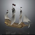 Sailing Ship Model With White Sails Wooden Hull And Black Flags